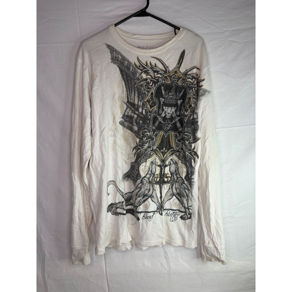 Brad Butter Mens Gothic Lion Graphic Thermal Shirt Off White Y2K MMA Style L
